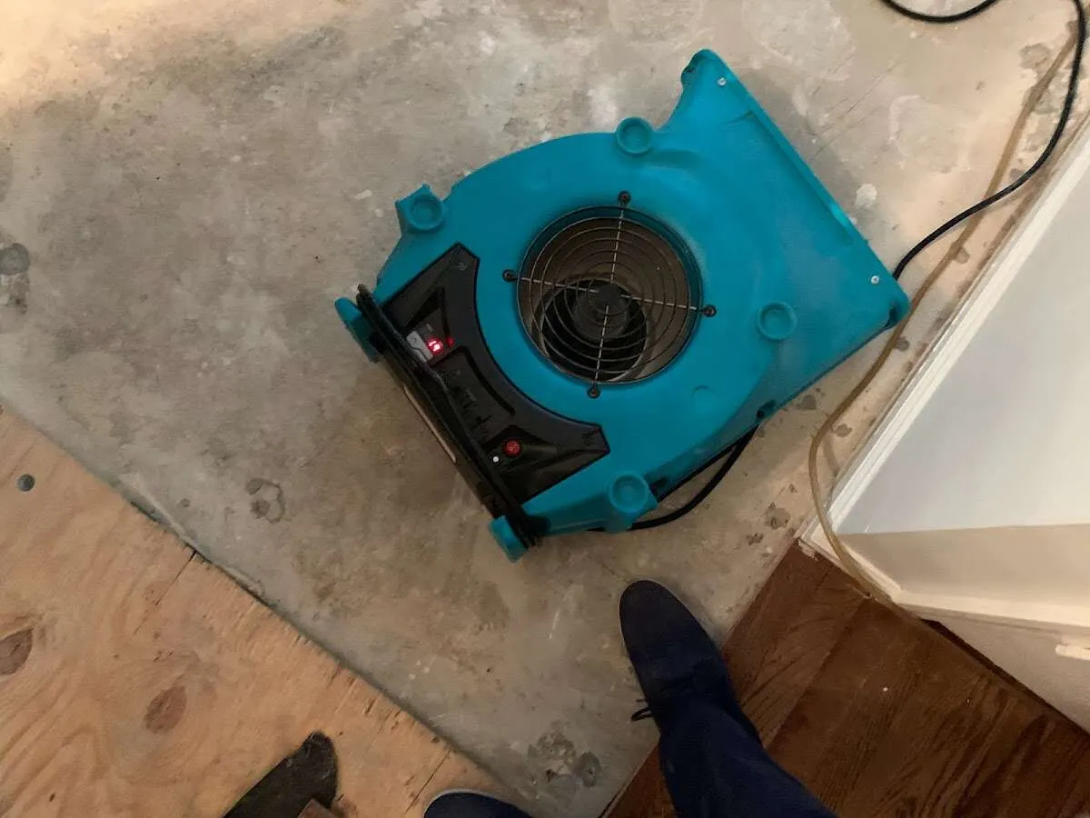 Air mover drying subfloor during Commercial Water Damage Restoration in August